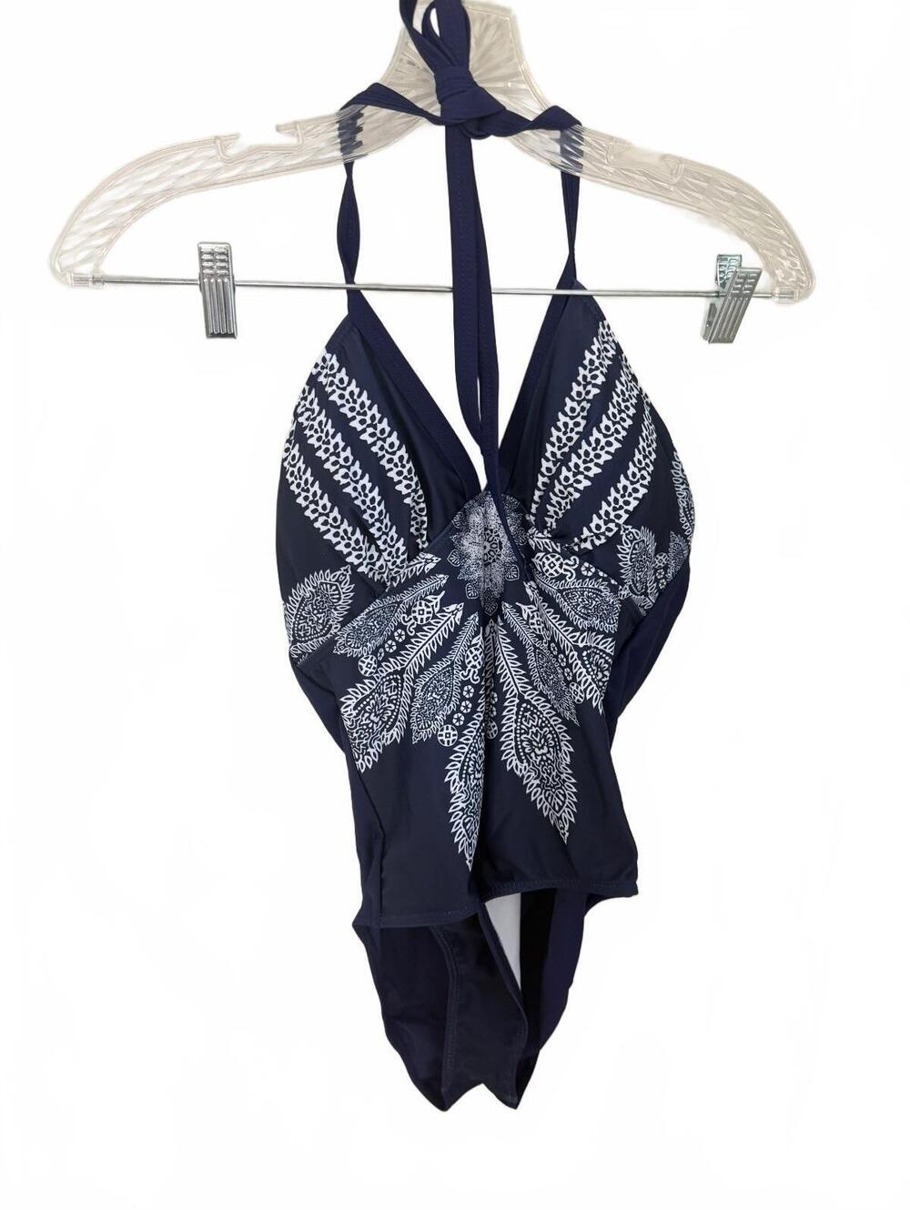 NWTsSHEIN Navy Blue and White Halter Neck One-Piece Swimsuit, Size M